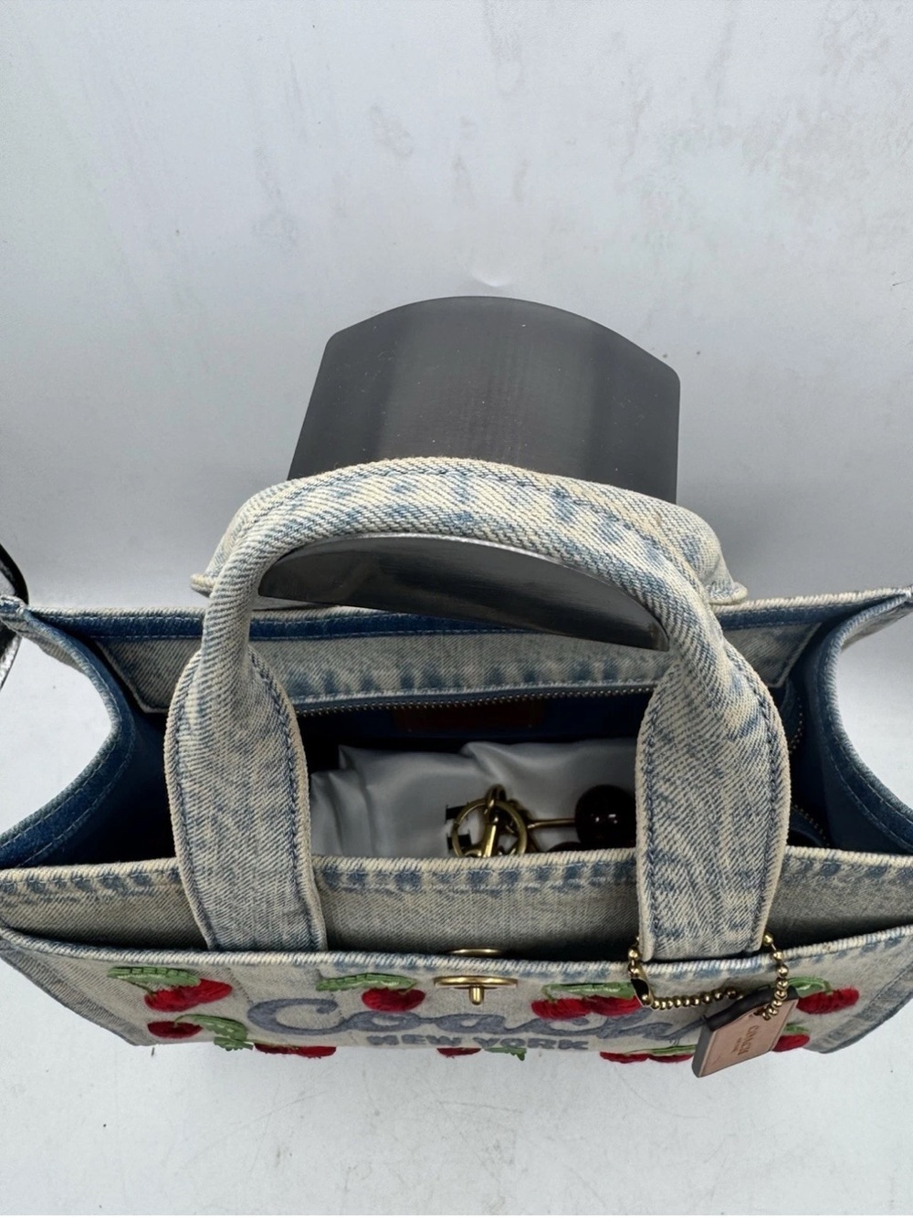 Coach New York Denim Cherry Appliqué Tote - Light Blue with strap, dust bag, - Picture 6 of 13